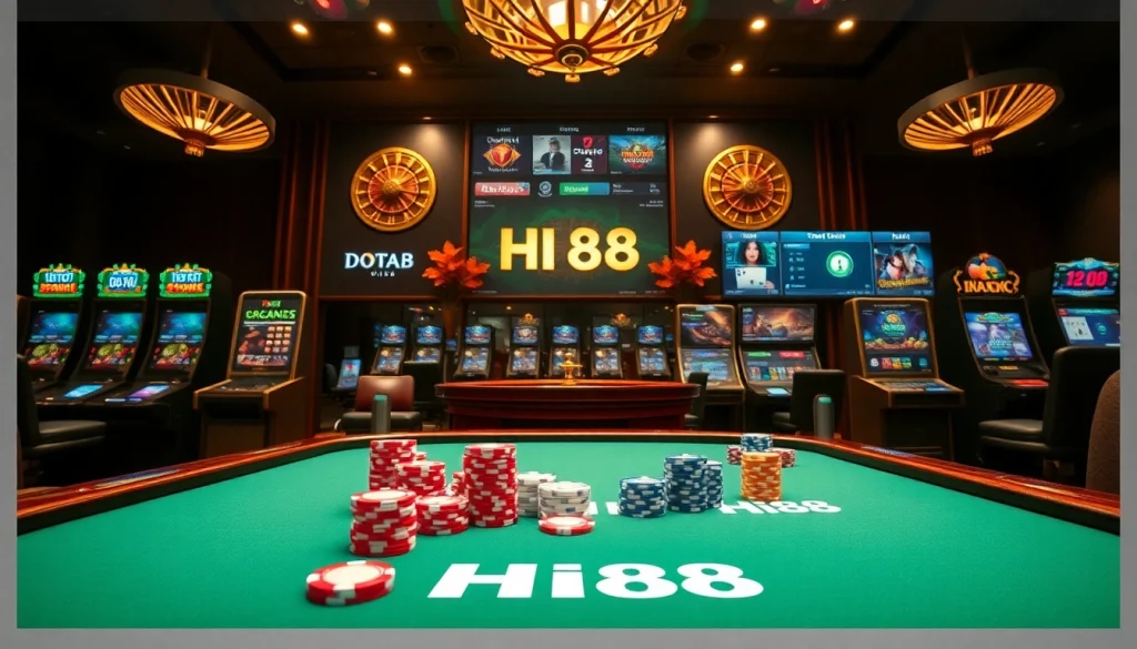Hi88 players engaging at a vibrant casino table with poker chips and cards.