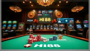 Hi88 players engaging at a vibrant casino table with poker chips and cards.