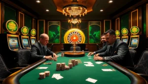 Players enjoying an intense i9bet poker game at an elegant casino table.