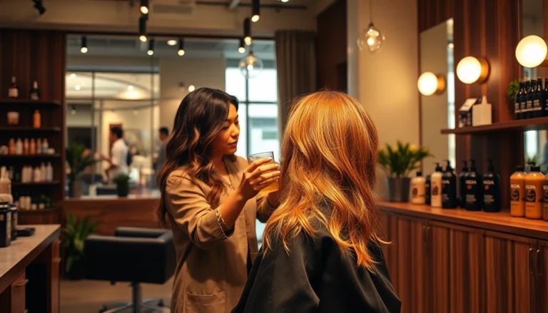 Aveda salon San Diego showcasing stylist applying vibrant hair color in a serene, eco-friendly environment.