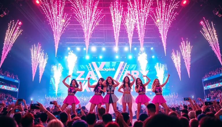 Exciting live concert depicting Blackpink news with energetic performances and colorful stage lights.