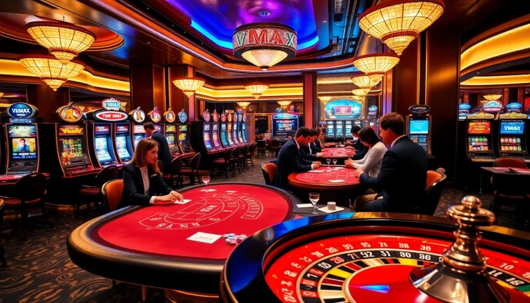 VMAX branded poker chips and a roulette wheel illuminate a luxury casino atmosphere.