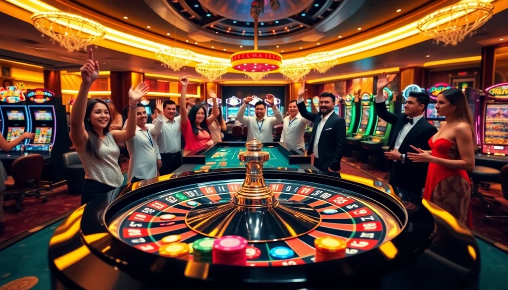 Excited gamblers placing bets at MV88's vibrant casino tables with roulette and poker games.