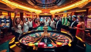 Excited gamblers placing bets at MV88's vibrant casino tables with roulette and poker games.
