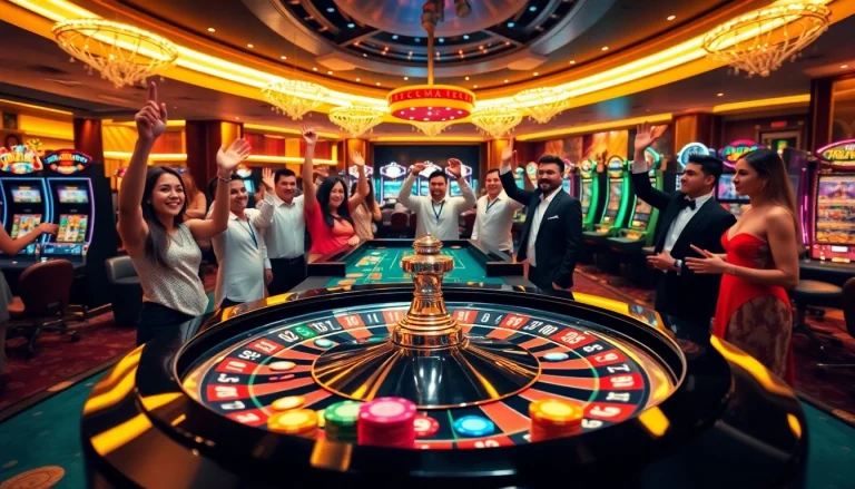 Excited gamblers placing bets at MV88's vibrant casino tables with roulette and poker games.