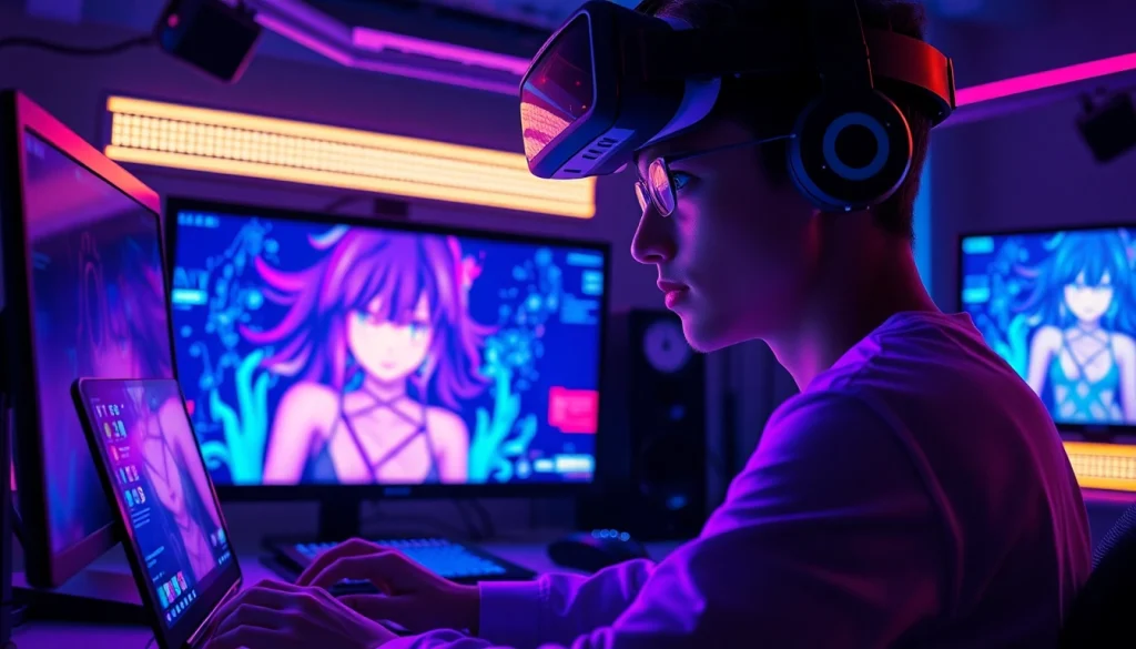 Vibrant AI nsfw artwork creation in a futuristic workspace