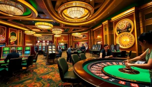 K9K9 casino gaming atmosphere with vibrant tables and excited players enjoying strategic card games.