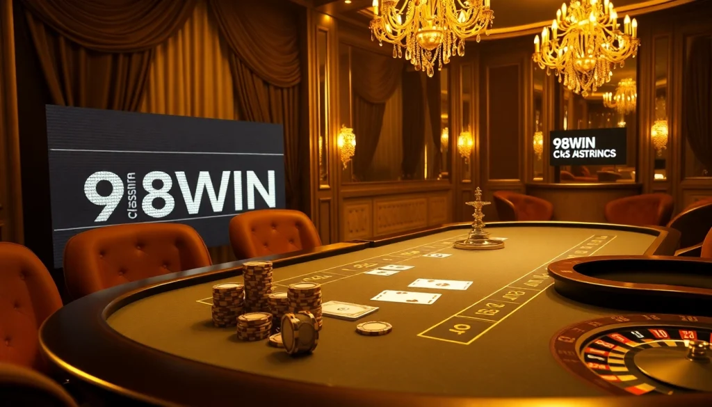Engaging casino scene with 98WIN branding, luxurious poker and roulette setup.
