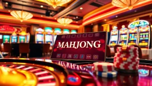 Engaging mahjong slot demo showcased in a vibrant casino atmosphere with roulette wheels and poker chips.