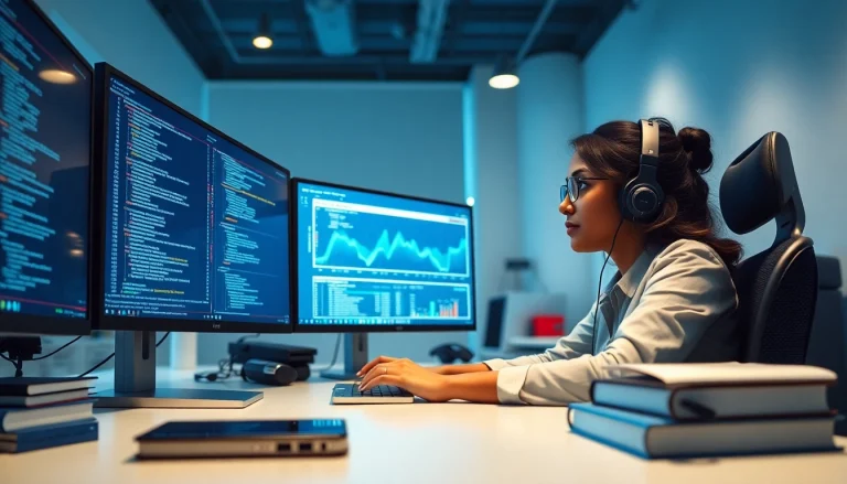 Software engineering expert analyzing data on multiple screens in a modern office.