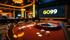 High-stakes gameplay at Nhà Cái GO99 with poker chips, cards, and a roulette wheel.