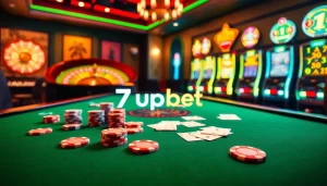 Experience the excitement of 7upbet with a vibrant casino table showcasing poker chips, cards, and a roulette wheel.