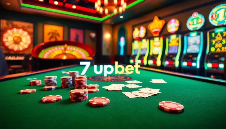 Experience the excitement of 7upbet with a vibrant casino table showcasing poker chips, cards, and a roulette wheel.