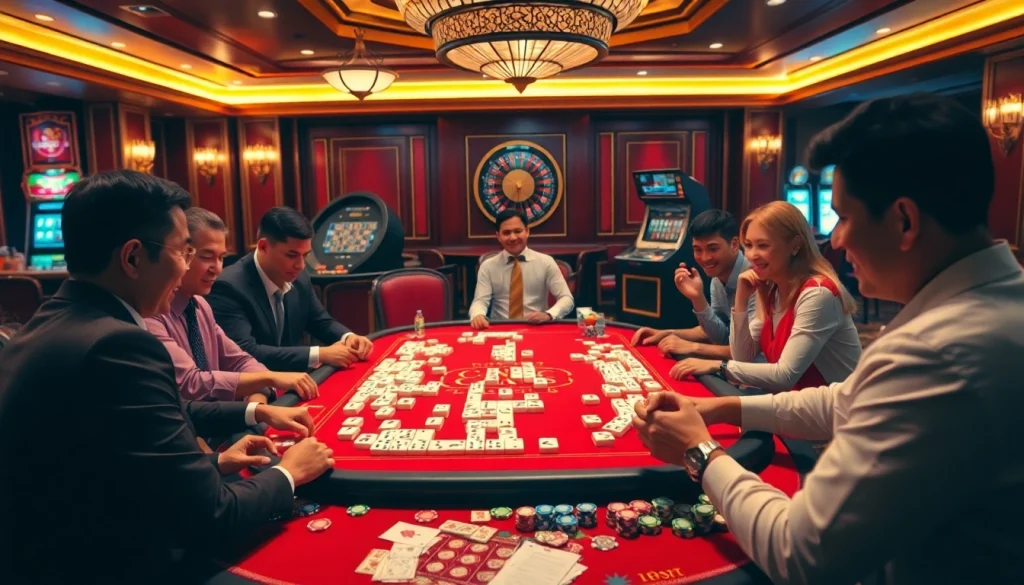 Pemain menikmati Link Mahjong di meja permainan kasino mewah dengan dekorasi yang hidup.