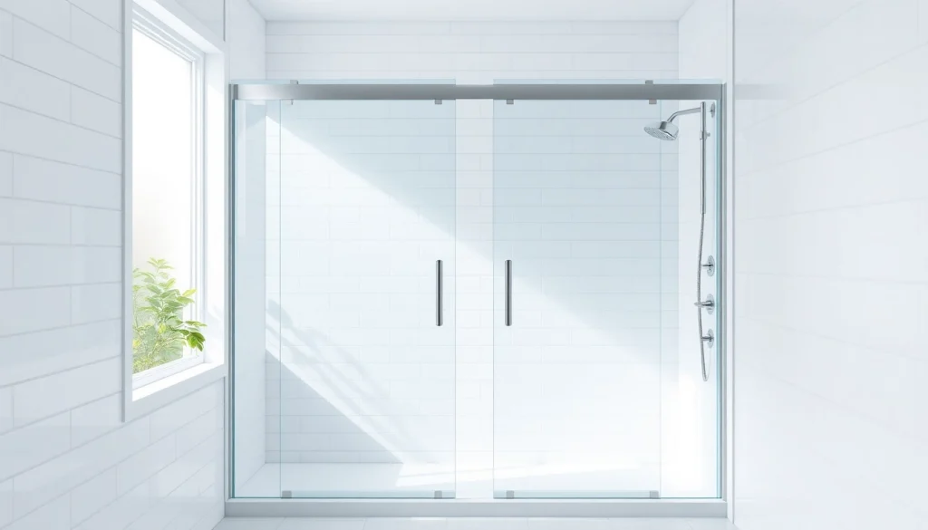 Stylish sliding shower doors in a modern bathroom featuring sleek glass and chrome details.