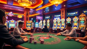 Tham gia các ván poker đầy hứng khởi tại bàn casino, thể hiện môi trường cá cược sôi động của https://luck8.net.