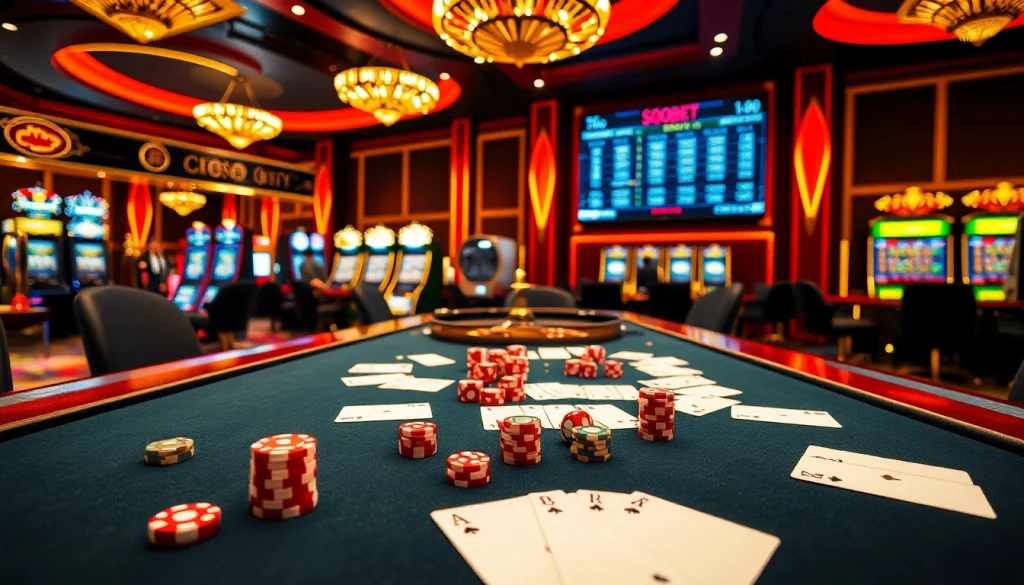 Exciting sbobet betting scene with poker chips, cards, and a roulette wheel in a luxurious casino