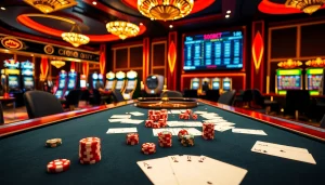 Exciting sbobet betting scene with poker chips, cards, and a roulette wheel in a luxurious casino