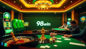 Experience the thrill of winning at 98win's luxury casino tables with cards and chips.