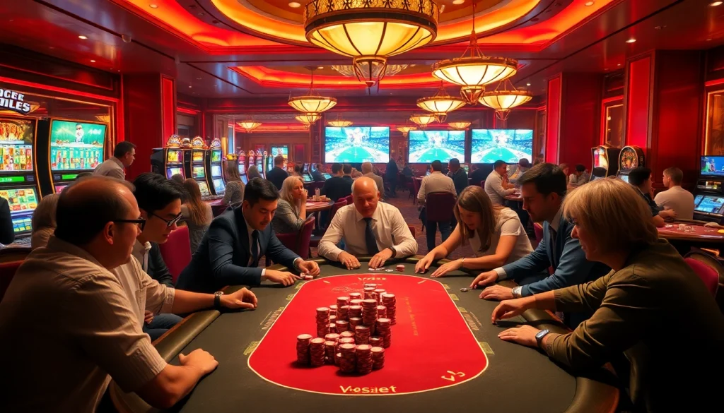 Experience thrill at the Vaoluoi tv poker table in a luxurious casino ambiance with vibrant slots and roulette.