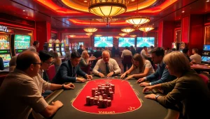 Experience thrill at the Vaoluoi tv poker table in a luxurious casino ambiance with vibrant slots and roulette.
