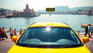 Haridwar Taxi Service featuring a clean taxi near the Ganga River, showcasing reliability and comfort.