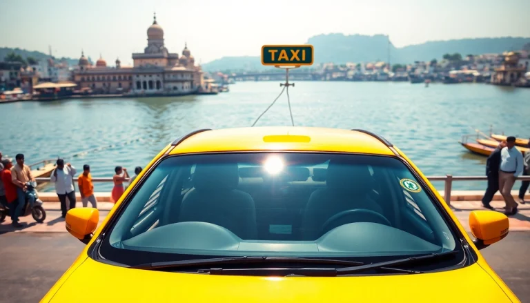 Haridwar Taxi Service featuring a clean taxi near the Ganga River, showcasing reliability and comfort.