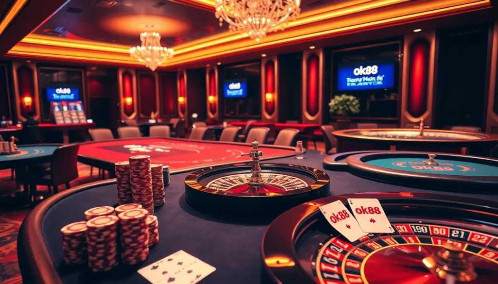 Experience the thrill of gambling at ok88 with an elegant casino scene featuring poker tables and roulette wheels.
