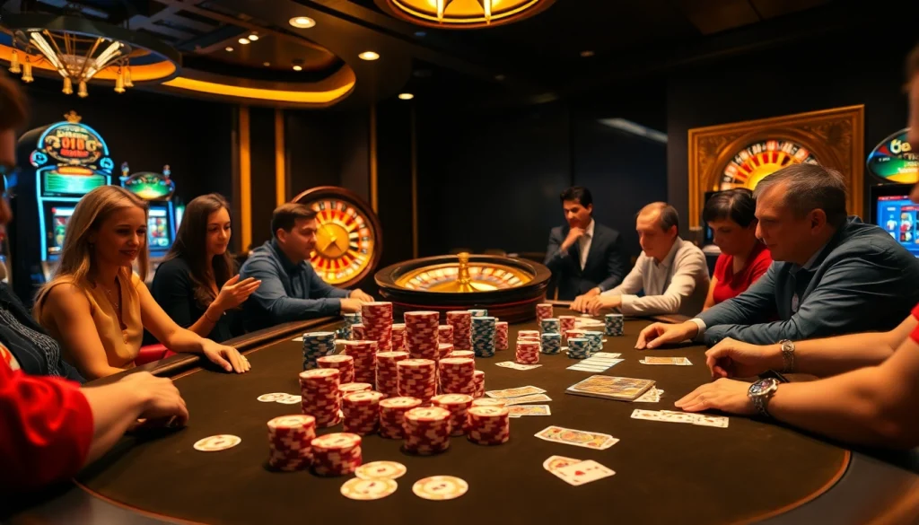 Players strategizing at a poker table in a luxurious casino scene featuring MMOO elements.