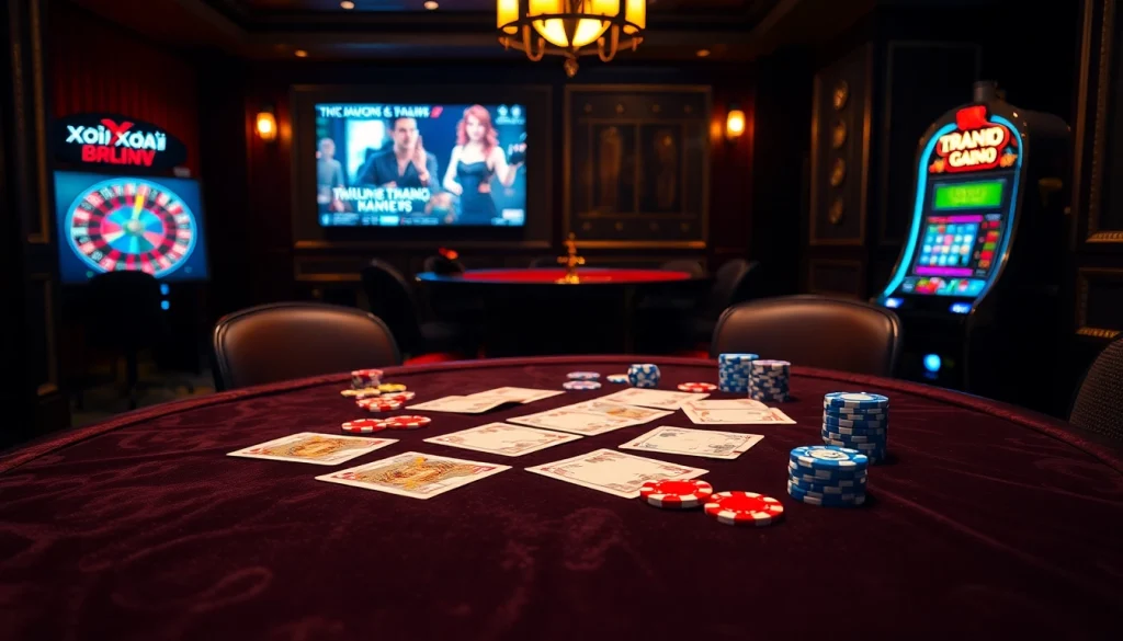 Xôi Xoài TV esports event showcased amid vibrant poker chips and elegant casino setup.