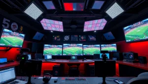 Engaging sports broadcasting scene with dynamic lighting and vivid colors highlighting the excitement.