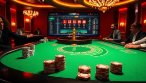 Engaging players betting at a sleek table on https://lc88.media, showcasing a luxury casino atmosphere with vibrant colors.