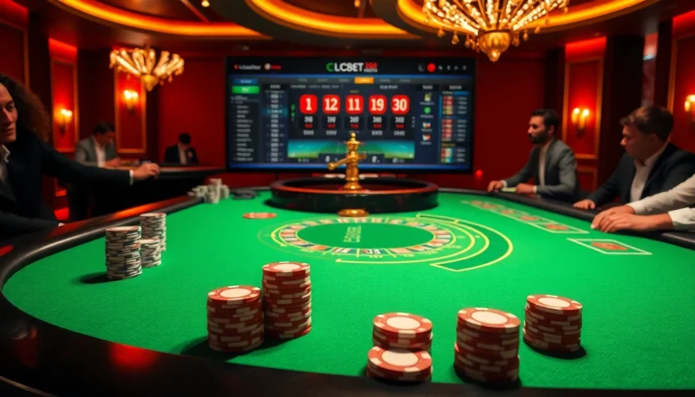 Engaging players betting at a sleek table on https://lc88.media, showcasing a luxury casino atmosphere with vibrant colors.