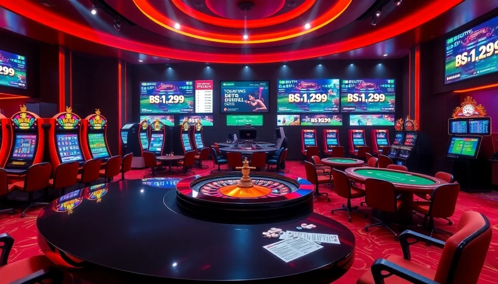 Exciting casino atmosphere featuring today's football scores (kết quả bóng đá hôm nay) on display and sleek gambling tables.