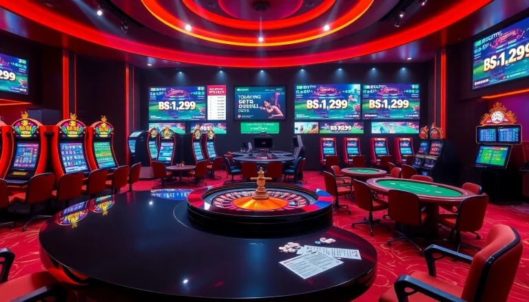 Exciting casino atmosphere featuring today's football scores (kết quả bóng đá hôm nay) on display and sleek gambling tables.