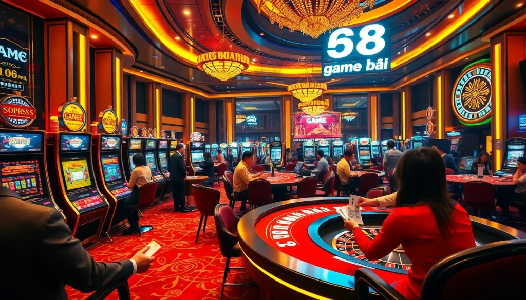 Engaging players at a luxurious casino featuring 68 game bài tables and vibrant gaming scenes.
