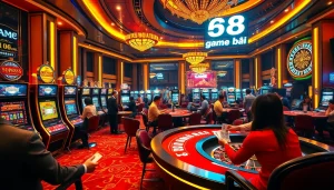 Engaging players at a luxurious casino featuring 68 game bài tables and vibrant gaming scenes.