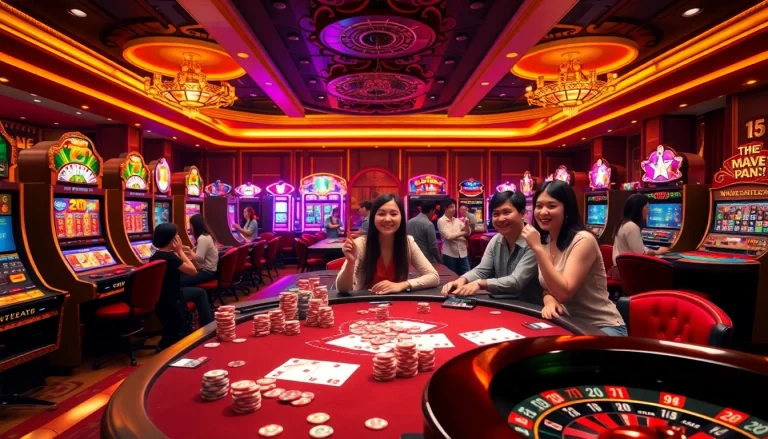 Exciting scene of players enjoying games at Nhà cái 789P casino, featuring vibrant slot machines and poker chips.