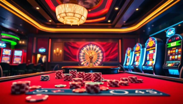 KJC casino gaming table adorned with poker chips and vibrant slot machines.