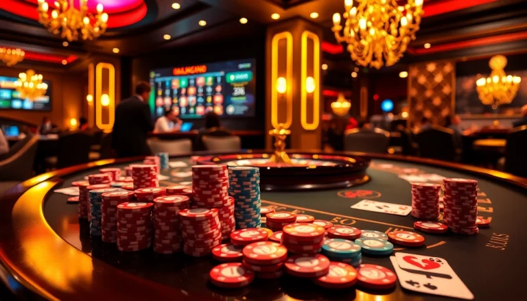 Experience the excitement of gambling at https://tt88.fund/ with vibrant poker chips and cards on a luxurious casino table.