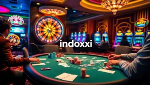 Experience high-stakes action at an indoxxi-themed casino table filled with vibrant poker chips and cards.