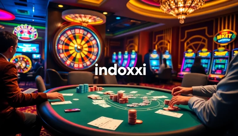 Experience high-stakes action at an indoxxi-themed casino table filled with vibrant poker chips and cards.