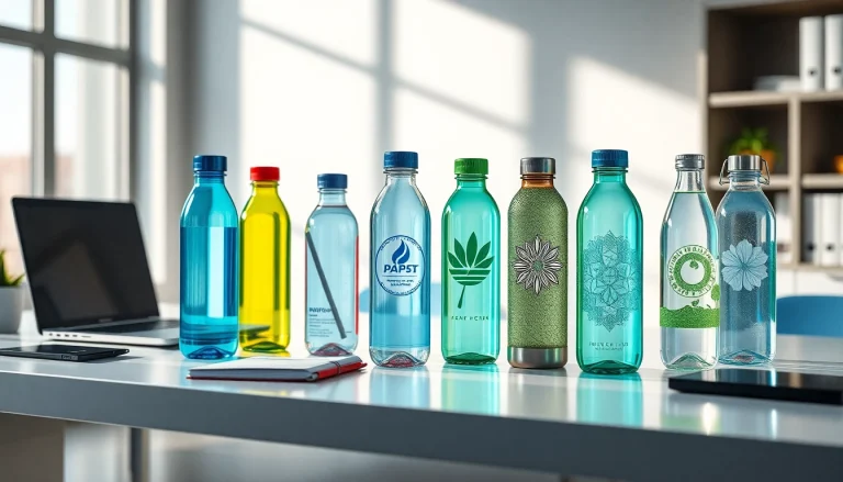 Plastikinės gertuvės su UV spauda rodomos modernioje darbo erdvėje, su ryškiais dizainais.