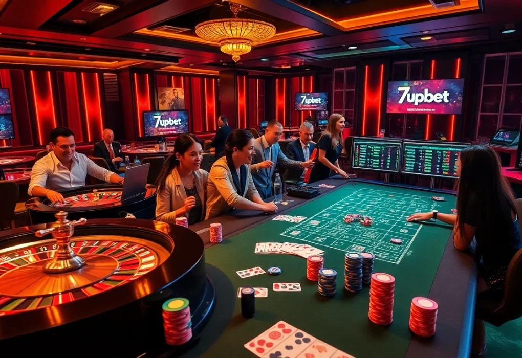 Exciting gambling scene showcasing 7upbet platform with roulette, poker chips, and engaging players.