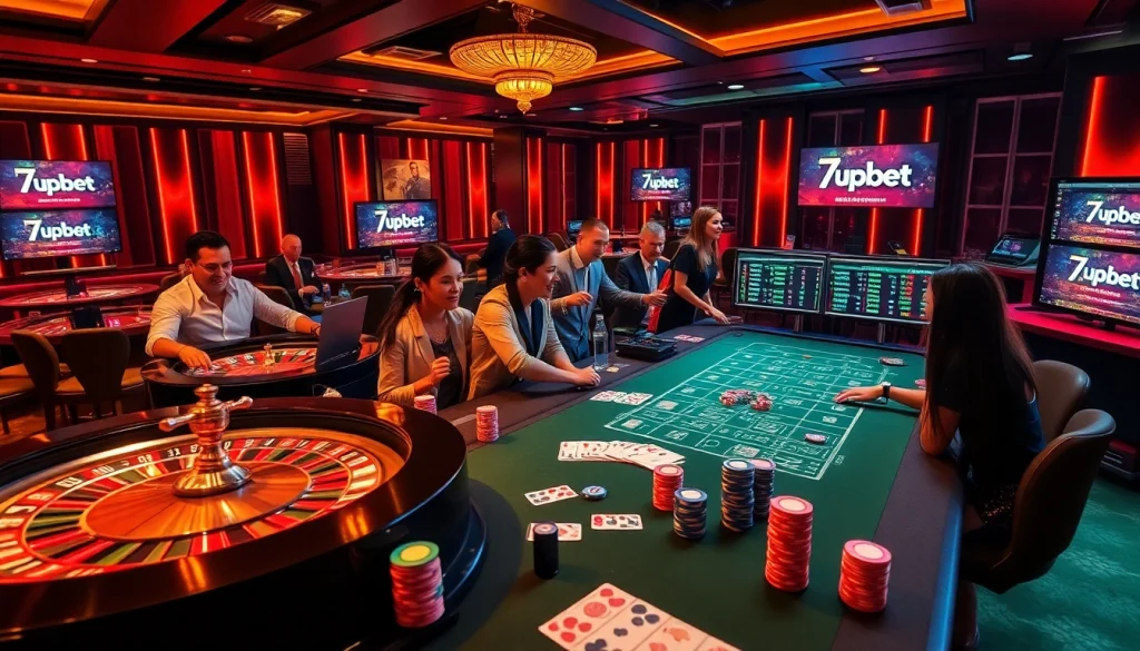 Exciting gambling scene showcasing 7upbet platform with roulette, poker chips, and engaging players.