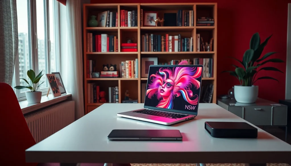 NSFW AI scene showcasing a futuristic home office with vibrant art generation.