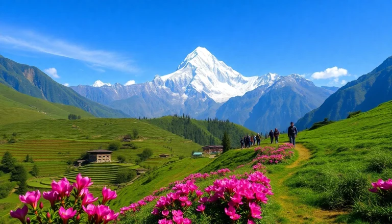 Manaslu Circuit trek showcasing majestic Mount Manaslu, lush landscapes, and hikers in Nepal.
