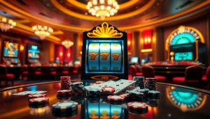 Experience thrilling idn slot gaming with vibrant casino visuals of slot machines and poker chips.