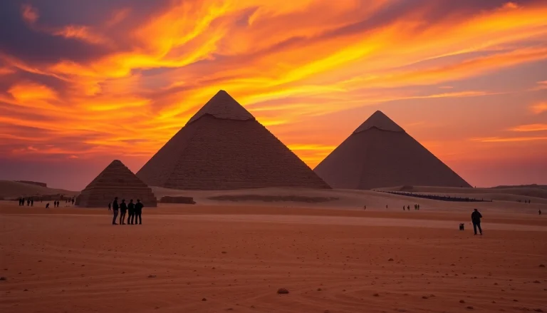 Witness the stunning beauty of the Great Pyramids of Giza at sunset on https://piraminds.com/, showcasing their grandeur.