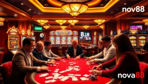 Players enjoying a high-stakes poker game at nova88 casino, showcasing excitement and luxury.